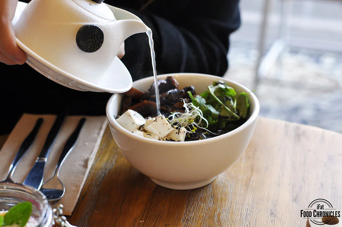 Soba noodles in miso, earl grey and lavendar broth with bok choy, mushroom and black sesame
