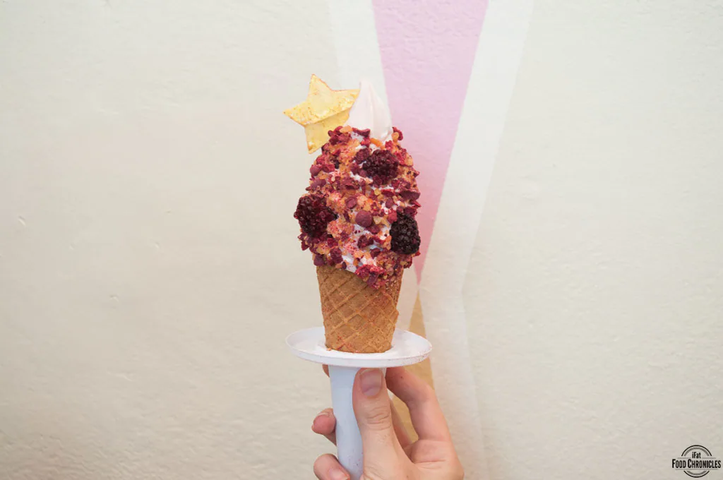 Ziggy stardust: Strawberry ice cream with blackberry crispies, pop rocks, strawberry powder and gold dust stars