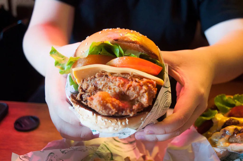 The Chicken Burger: Fried chicken, cheese, tomato, lettuce, sauace & mustard