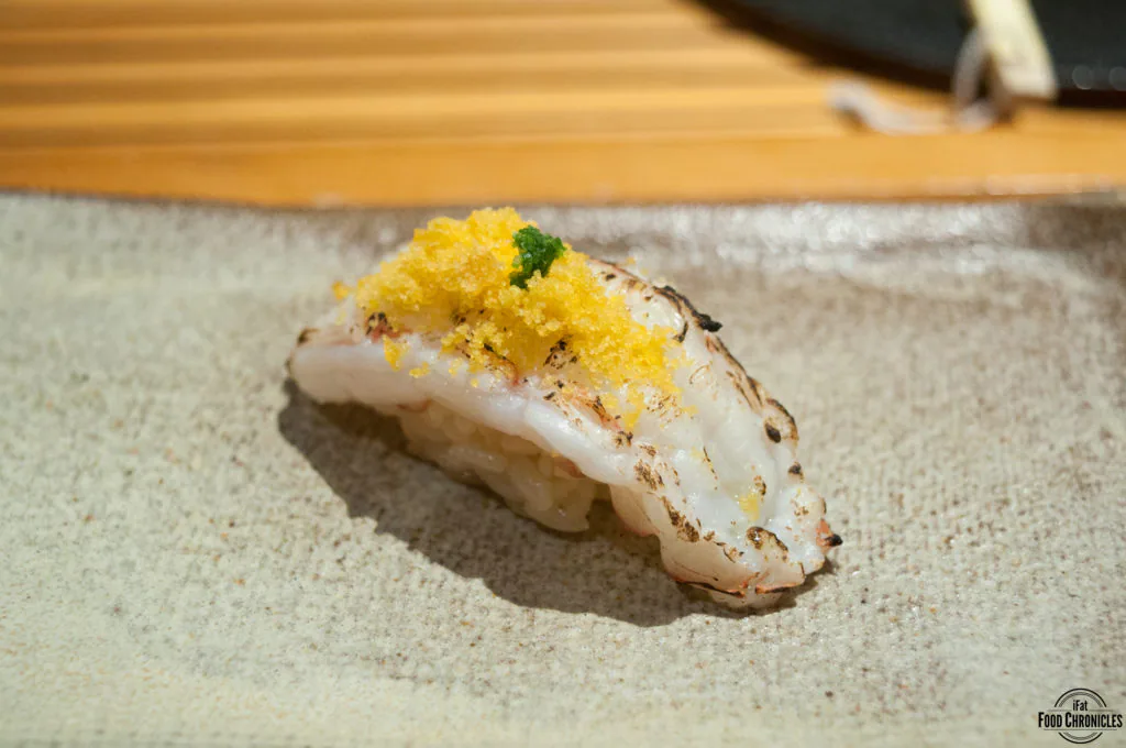 Torched scampi with dried fish roe