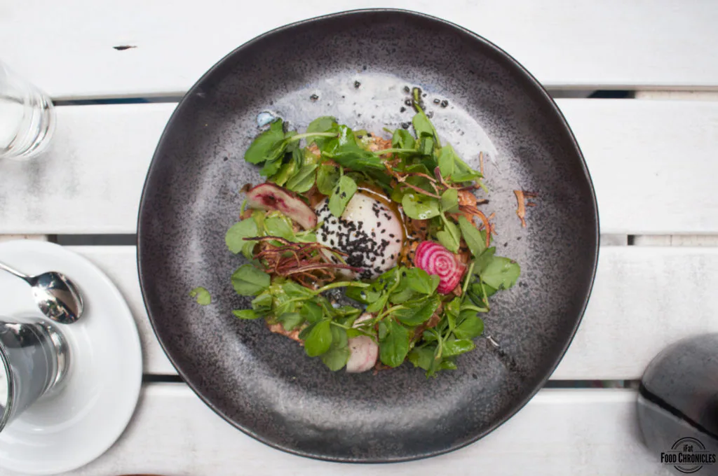 Smoked salmon tartare: Tasmanian salmon marinated in spicy mayo, avocado tahini, dehydrated red onion, black sesame, sous vide egg and crispy slices.