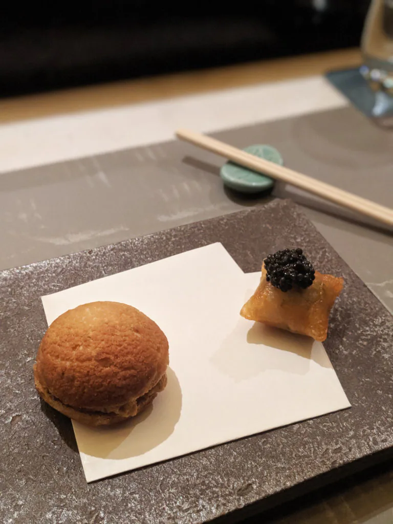 Choux pastry with uni and creme fraiche and scallop tartare