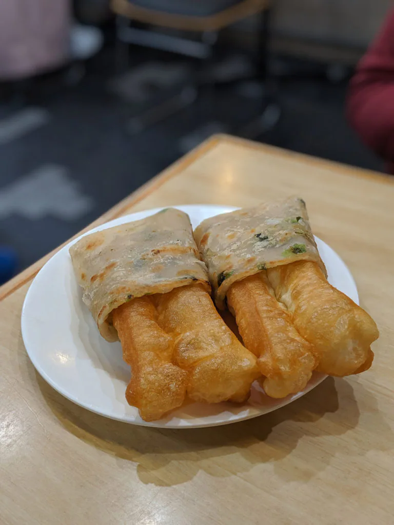 Chinese doughnuts wrapped in shallot pancakes from Mother Chu's Taiwanese Gourmet