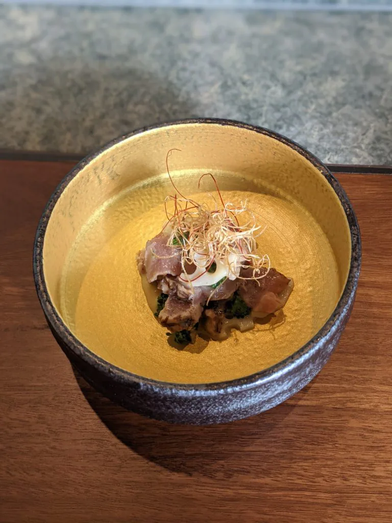 Toro with renkon and broccolini