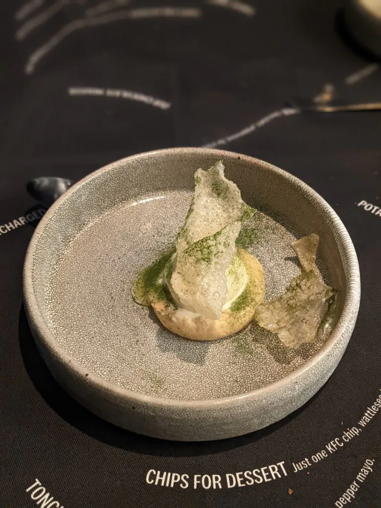 Chips for Dessert featuring just one KFC chip, wattle seed ice cream, burnt pineapple and mead