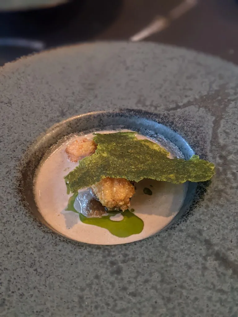 Popcorn chicken with celeriac soup, mushroom gnocchi, basil