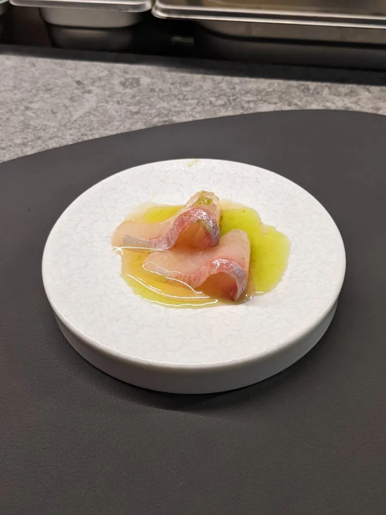Kingfish, kombu jime, green mandarin
