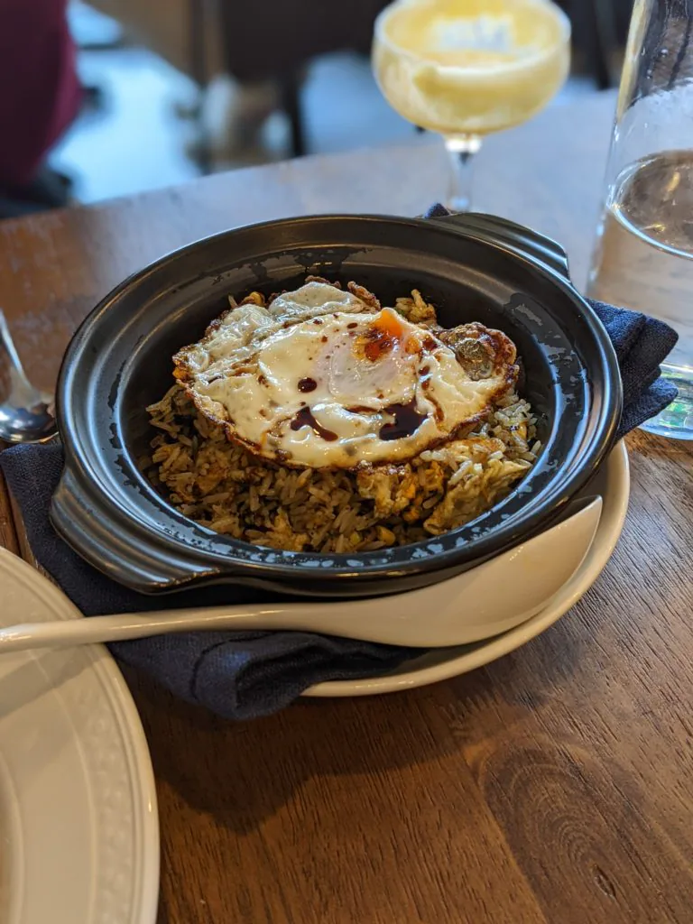 Clay pot fried rice with lap cheong and shitake mushrooms