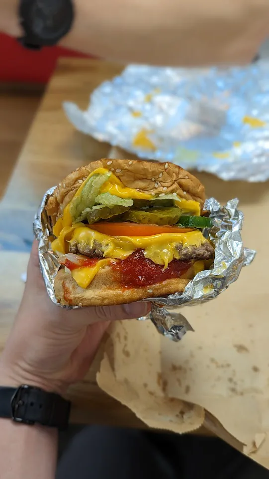 The Five Guys Grilled Cheese Cheeseburger (All the way, sans grilled mushrooms)