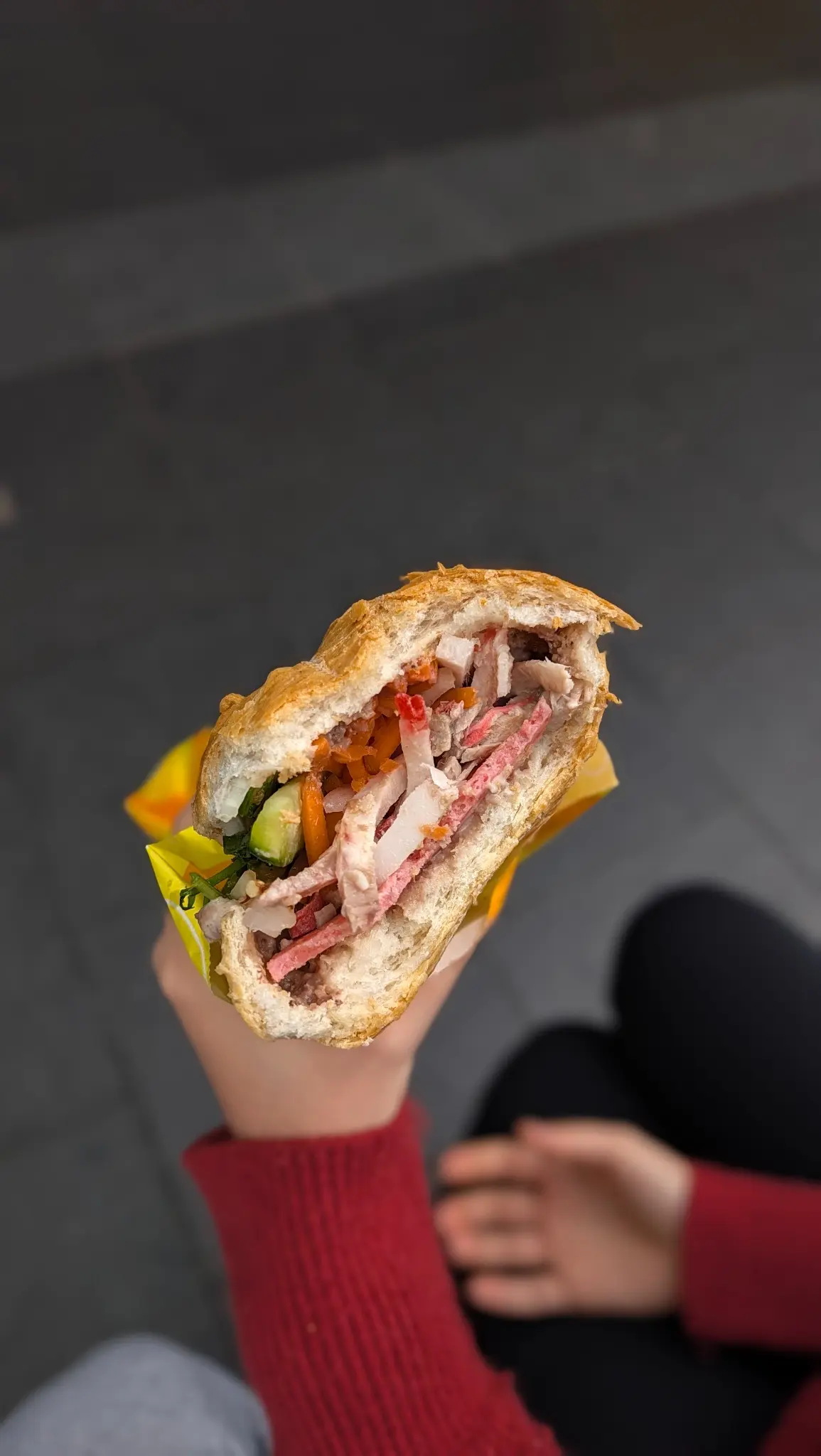 Cross-section of Banh Mi Bay Ngo traditional pork banh mi