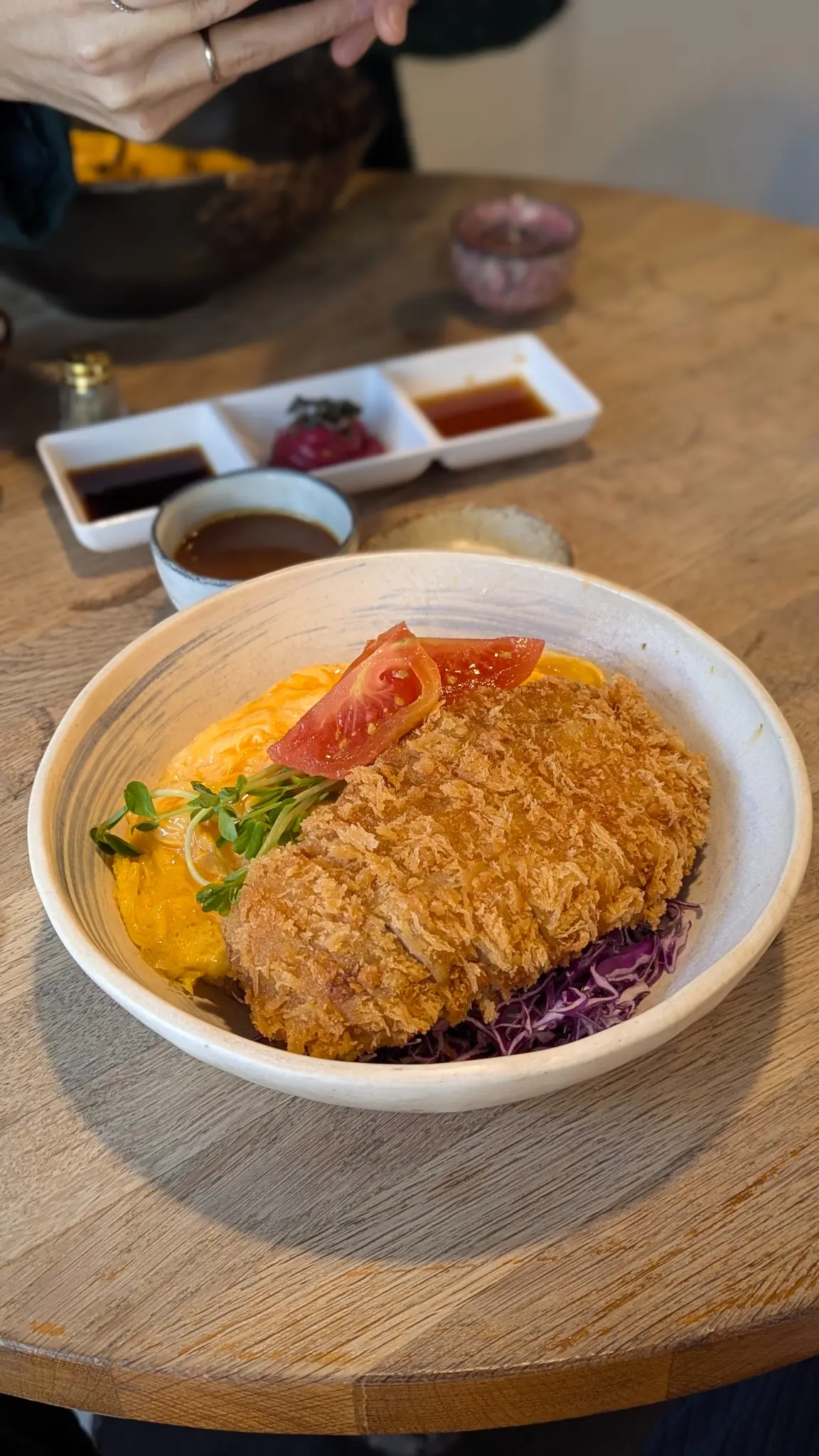 Juan Bowl & Tea signature tonkatsu with tornado scrambled egg, rice and shredded cabbage