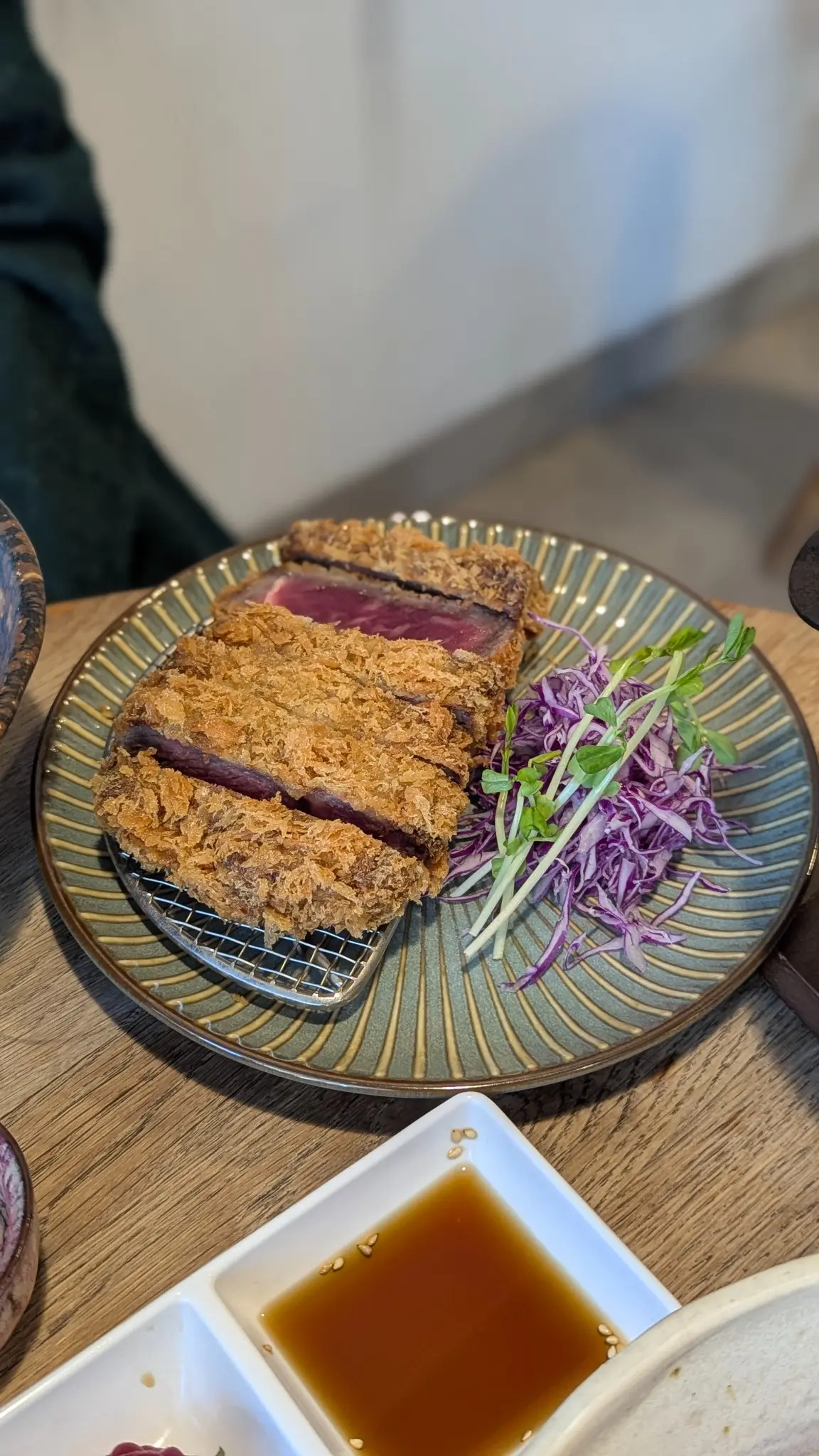 Juan Bowl & Tea wagyu gyukatsu served rare with shredded cabbage