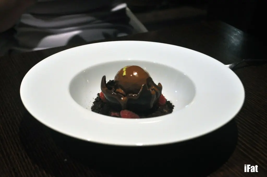 Chocolate with warm couverture ganache, fresh mint ice cream, raspberry mousse and chocolate cookie