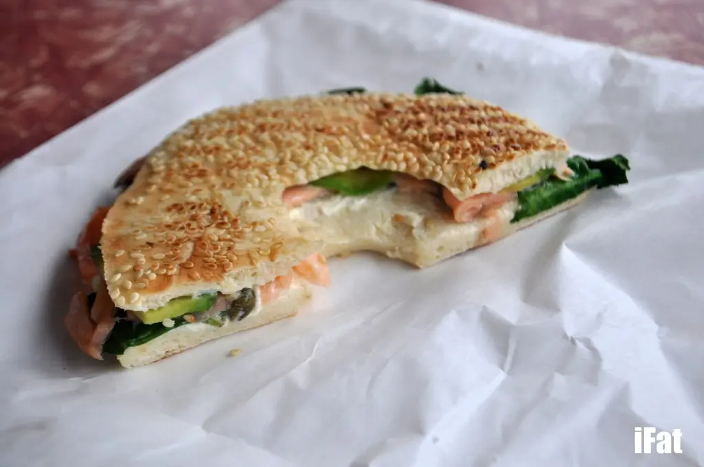 Salmon Bagel with cream cheese, avocado, dill and rocket