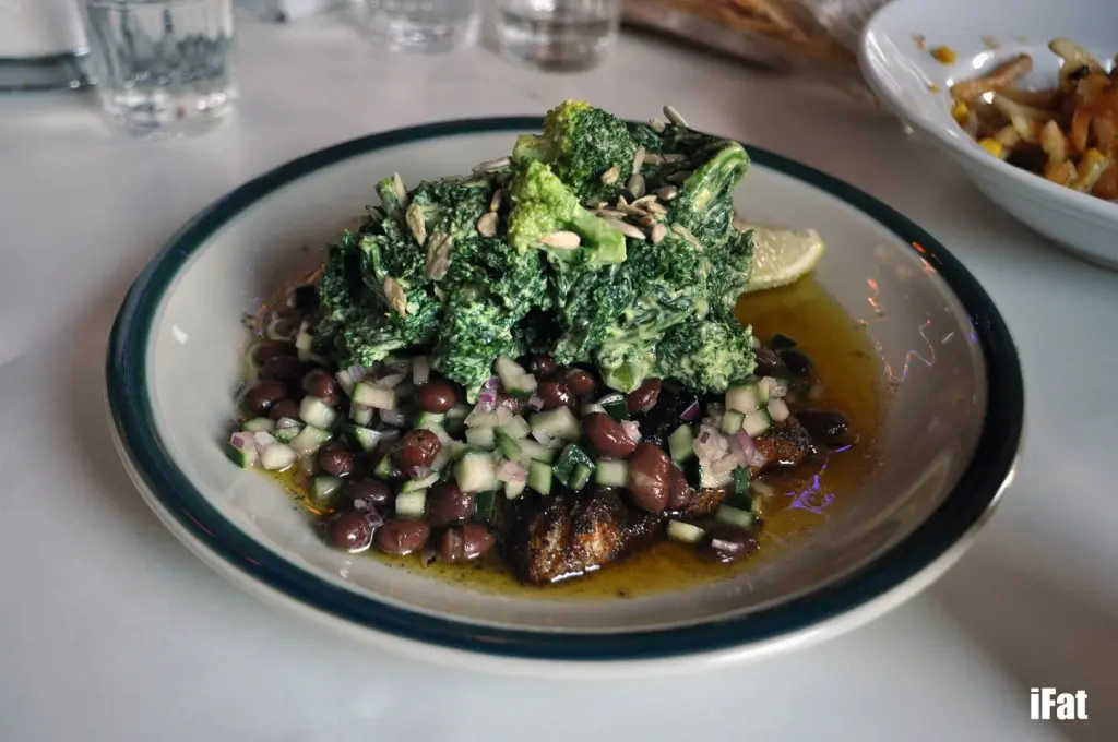 Blackened fish with kale, bean and broccoli salad.