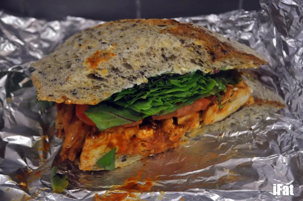 Cajun chicken on soy & linseed with home made lemon chive mayo, roma tomato, mixed lettuce and olive oil.
