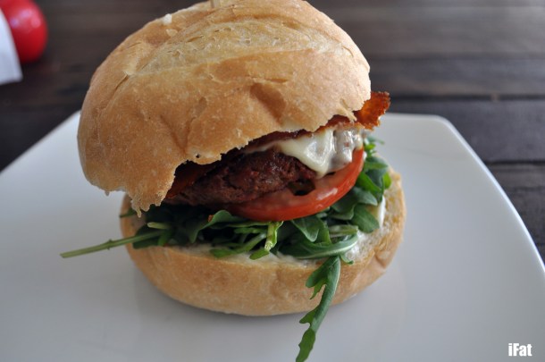 100% Australian Angus Pure Natural Beef & chorizo patty, thick cut mozzarella, rocket,  tomato, home-made mayonnaise & tomato relish