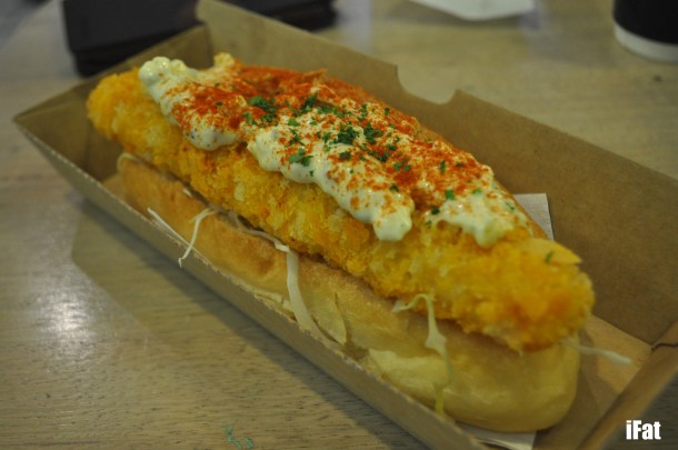 Fried ebi hot dog with japanese mayonaise, slaw and chilli salt