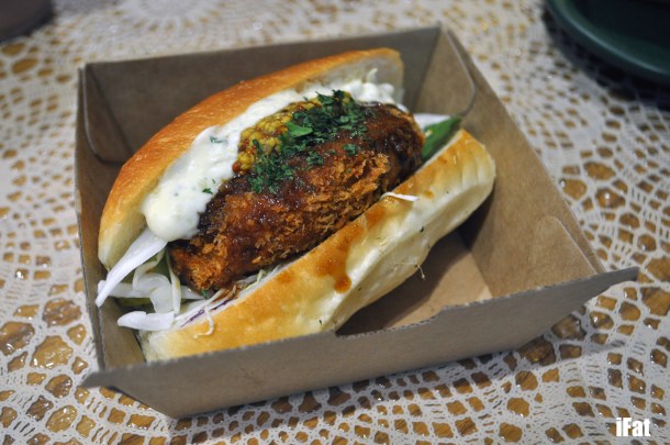 Potato and beef croquette with coleslaw, lettuce, wholegrain mustard, roasted sesame and tonkatsu sauce