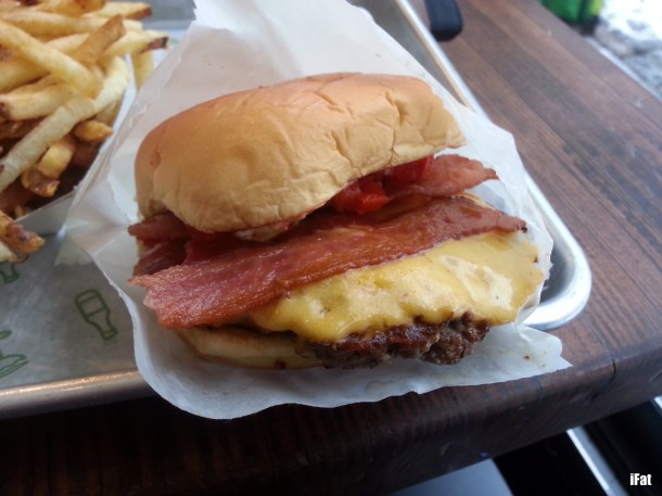 The Smokeshack topped with Niman Ranch all-natural applewood smoked bacon, chopped cherry pepper and ShackSauce.