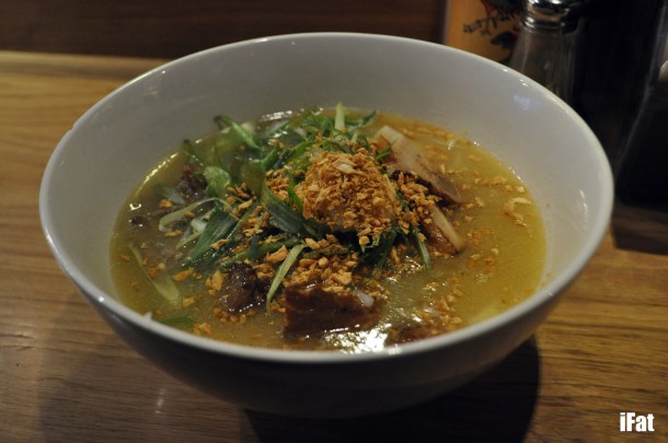 Topped with a variety of pork meats, garlic, onion, bean sprouts and scallions.