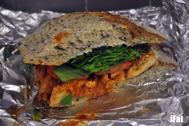 Cajun chicken on soy & linseed with home made lemon chive mayo, roma tomato, mixed lettuce and olive oil.