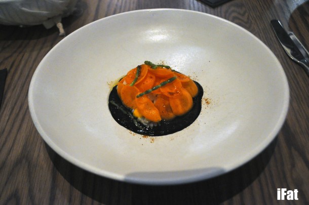 Southern calamari with carrots, squid ink and Samphire.