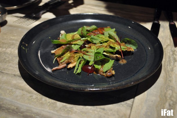 Crisp Pig’s Tail with Pine Purée, grapes, pickled mushrooms and pistachio