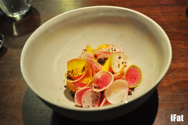 Seared wagyu with radish and burnt watermelon oil