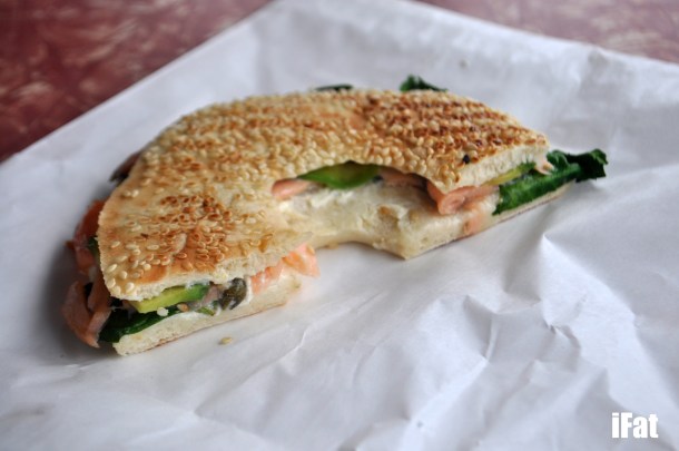 Salmon Bagel with cream cheese, avocado, dill and rocket